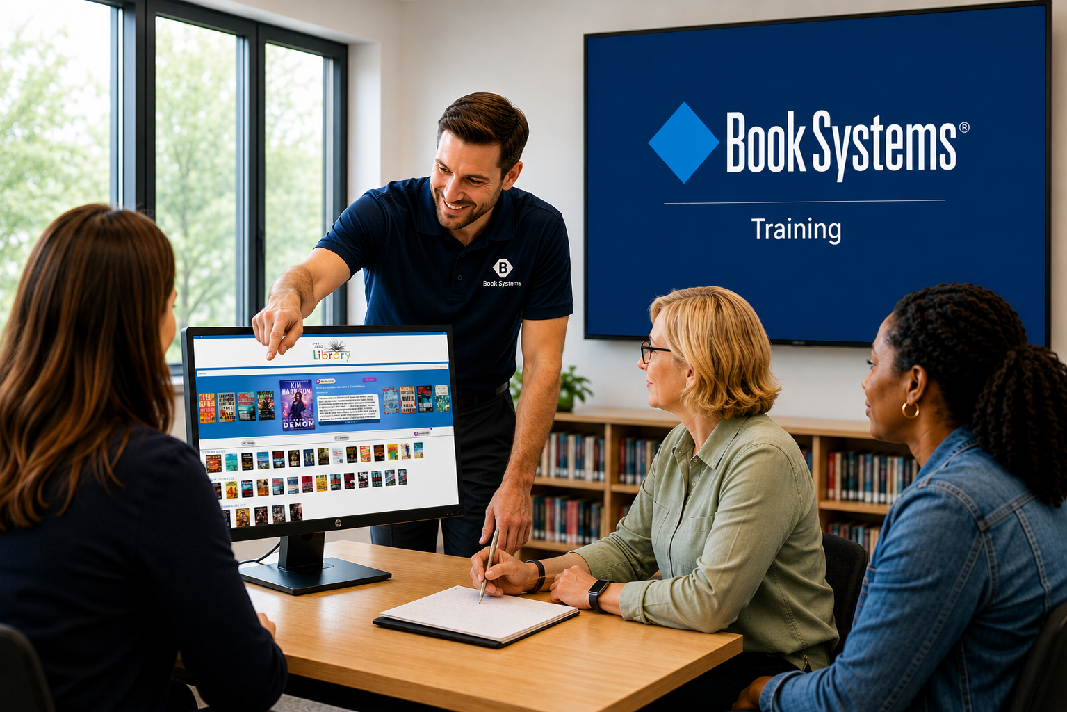 Book Systems trainer working with library staff